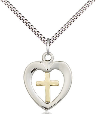 Two-Tone GF/SS Heart Cross Medal Religious and Catholic Jewelry