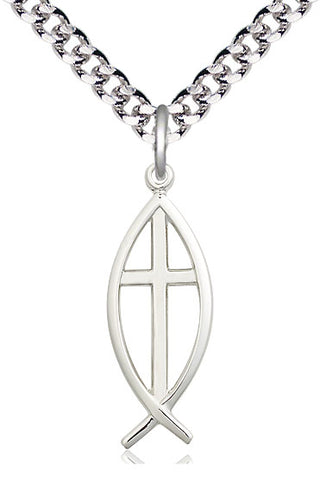 Pewter Fish Cross Medal Catholic Jewelry