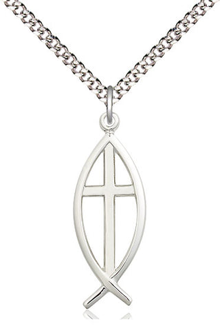 Pewter Fish Cross Medal Catholic Jewelry