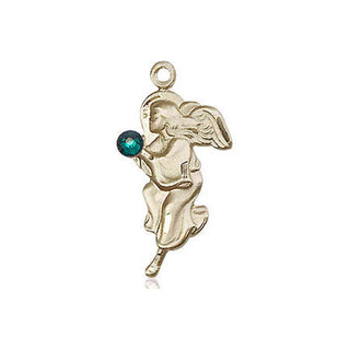 14kt Gold Guardian Angel Medal with a 3mm Emerald Swarovski stone
