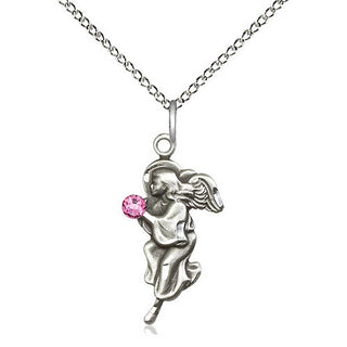 Sterling Silver Guardian Angel Pendant with 3mm Rose Swarovski stone Necklace