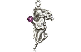 Sterling Silver Guardian Angel Pendant with a 3mm Amethyst Swarovski stone on an 18-inch Sterling Silver Light Curb Chain