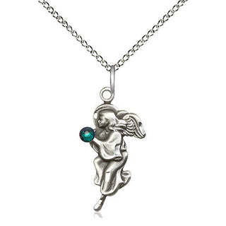 Sterling Silver Guardian Angel Pendant with 3mm Emerald Swarovski stone Necklace
