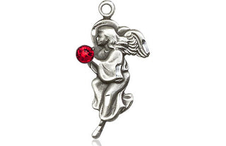 Sterling Silver Guardian Angel Pendant with a 3mm Ruby Swarovski stone on an 18-inch Sterling Silver Light Curb Chain