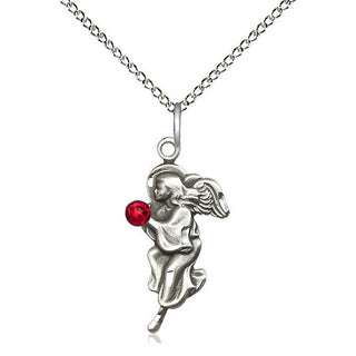 Sterling Silver Guardian Angel Pendant with 3mm Ruby Swarovski stone Necklace