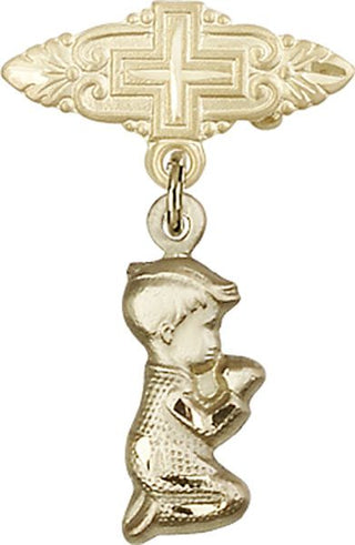 14kt Gold Badge Pin With Cross Praying Boy Baby Badge