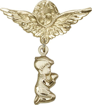 14kt Gold Large Angel w/Wings Praying Boy Baby Badge