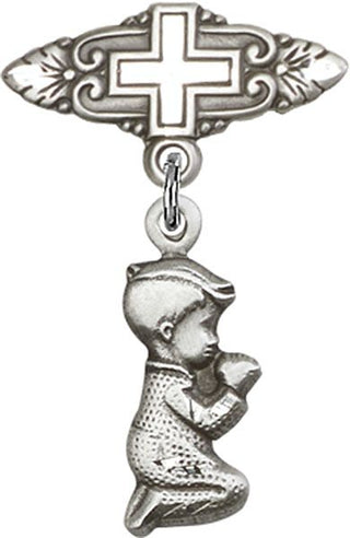 Sterling Silver Badge Pin With Cross Praying Boy Baby Badge