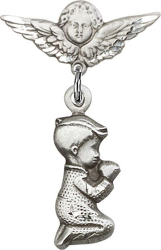 Sterling Silver Small Angel w/Wings Praying Boy Baby Badge