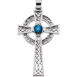 14K White Natural Blue Star Sapphire Celtic-Inspired Cross Pendant