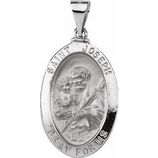 14K White 23x16 mm Hollow Oval Saint Joseph Medal