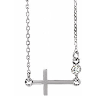 14K White .03 CTW Natural Diamond Sideways Cross 16-18" Necklace