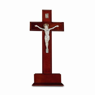 10" Standing Dark Cherry Wood Cross with Silver Corpus