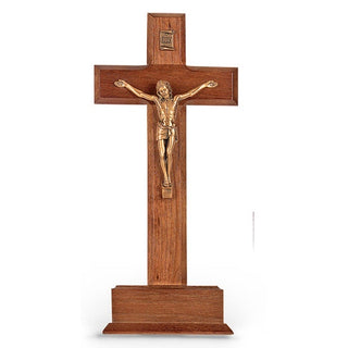 10" Walnut Standing Cross With Museum Gold Plated Cross
