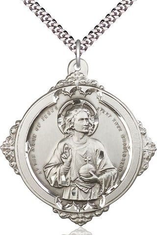 Sterling Silver Holy Name Pendant on an 24-inch Light Rhodium Heavy Curb Chain
