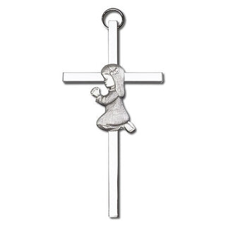 4 inch Antique Silver Praying Girl on a Polished Silver Finish Cross