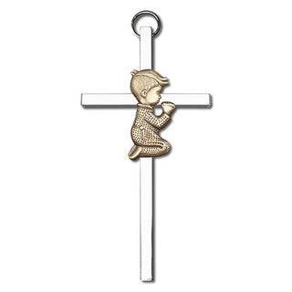 4 inch Antique Gold Praying Boy on a Polished Silver Finish Cross