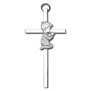 4 inch Antique Silver Praying Boy on a Polished Silver Finish Cross