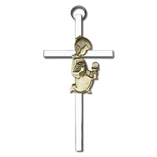4 inch Antique Gold Communion Girl on a Polished Silver Finish Cross