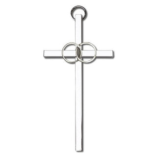 4 inch Antique Silver Wedding Rings on a Polished Silver Finish Cross