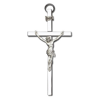 4 inch Antique Silver Crucifix on a Polished Silver Finish Cross