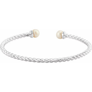 14K White Cultured White Freshwater Pearl & 1/10 CTW Natural Diamond Cuff 7" Bracelet