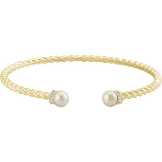 14K Yellow Cultured White Freshwater Pearl & 1/10 CTW Natural Diamond Cuff 7" Bracelet