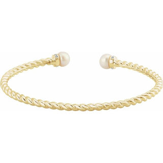 14K Yellow Cultured White Freshwater Pearl & 1/10 CTW Natural Diamond Cuff 7" Bracelet