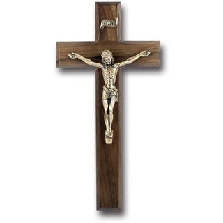 10" Walnut Wood Cross With Museum Gold Corpus