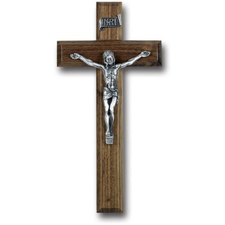 10" Walnut Wood Cross With Pewter Corpus
