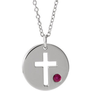 14K White Ruby Pierced Cross Disc 16-18" Necklace