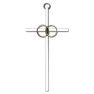 6 inch Antique Gold Wedding Rings on a Polished Silver Finish Cross