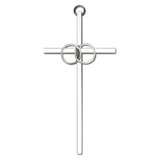 6 inch Antique Silver Wedding Rings on a Polished Silver Finish Cross