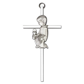 6 inch Antique Silver Communion Boy on a Polished Silver Finish Cross