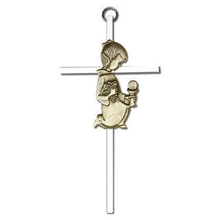 6 inch Antique Gold Communion Girl on a Polished Silver Finish Cross