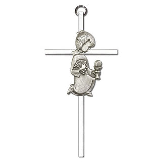 6 inch Antique Silver Communion Girl on a Polished Silver Finish Cross