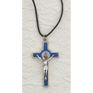 Blue Enameled Sacred Heart Cross in Silver Tone