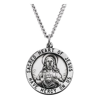 Sterling Silver 25 mm Round Sacred Heart of Jesus 24" Necklace
