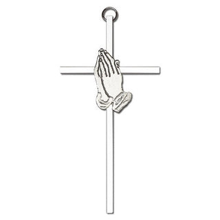 6 inch Antique Silver Praying Hands on a Polished Silver Finish Cross
