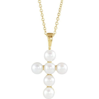 14K Yellow Cultured White Freshwater Pearl Cross 16-18" Necklace
