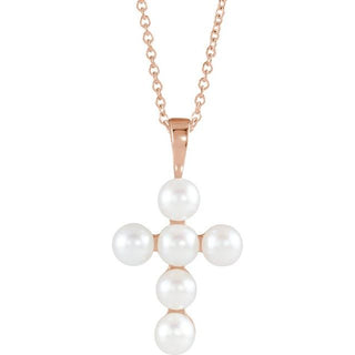 14K Rose Cultured White Freshwater Pearl Cross 16-18" Necklace
