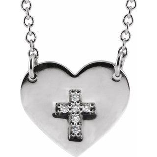 14K White .02 CTW Natural Diamond Heart & Cross 16-18" Necklace 