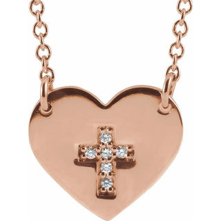 14K Rose .02 CTW Natural Diamond Heart & Cross 16-18" Necklace 