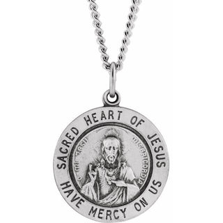 Sterling Silver 22 mm Round Sacred Heart of Jesus 24" Necklace