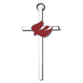 4 inch Polished Silver Finish Red Enamel Holy Spirit on a Polished Silver Finish Cross