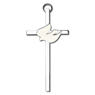 4 inch Polished Silver Finish White Enamel Holy Spirit on a Polished Silver Finish Cross