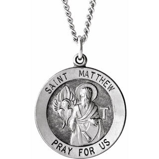 Sterling Silver 22 mm Round Saint Matthew Medal 24" Necklace  