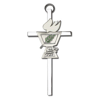 4 inch Antique Silver Confirmation Chalice on a Polished Silver Finish Cross