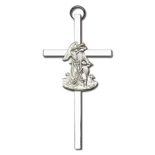 4 inch Antique Silver Guardian Angel on a Polished Silver Finish Cross
