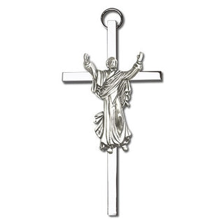 4 inch Antique Silver Risen Christ on a Polished Silver Finish Cross